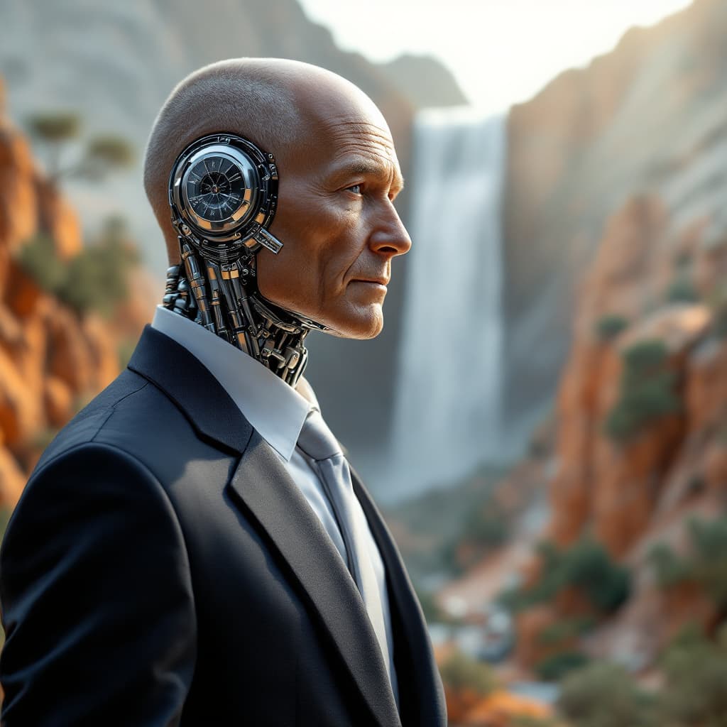 AI generated: An old middle-aged man with a crew cut, wearing a suit and a beauty robot in the Northern Territory ...