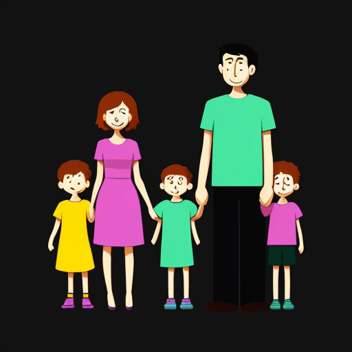 AI generated: illustration art, series of simple, colorful, family, mom, dad, son, daughter, exaggerated, solid-bl...