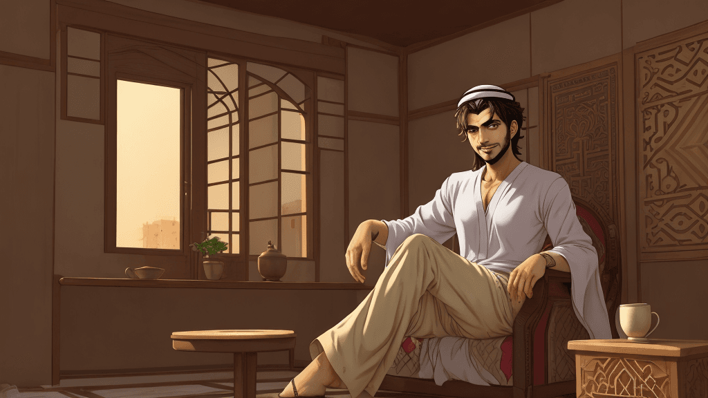 AI generated: arabic man, sitting in his old house, face, 23years old, drinking arabic coffe, anime style, hair
