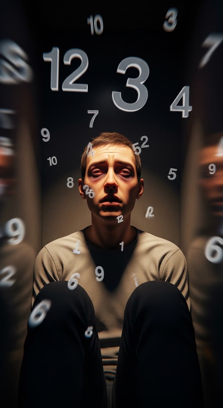 AI generated: Exhausted human sitting in a dark room, blurred vision effect, floating clock numbers, tired face, m...
