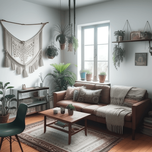 AI generated: A bohemian living room with nordic furniture. Include macrame wall hangings, library, laptop and ele...