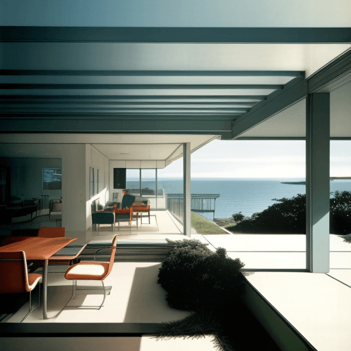 AI generated: Hyper realistic eye level exterior photo of a mid century modern style house overlooking the ocean, ...