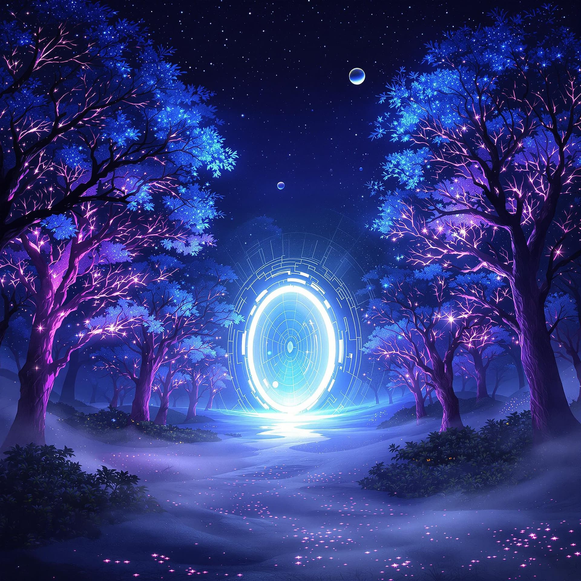 AI generated: A glowing sci-fi portal in the centre of a misty enchanted forest, surrounded by bioluminescent tree...