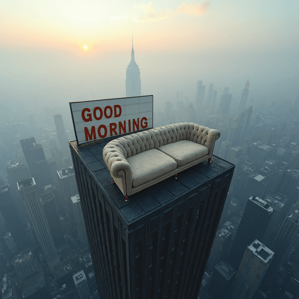 AI generated: acrophobia composition, on the very edge of the roof of a skyscraper there is a cozy sofa almost han...