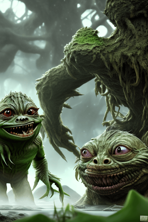AI generated: lord of the bogtrolls, fights a gremlin, natural habitat, secret, sneaky, devious, masters, 8k, nani...