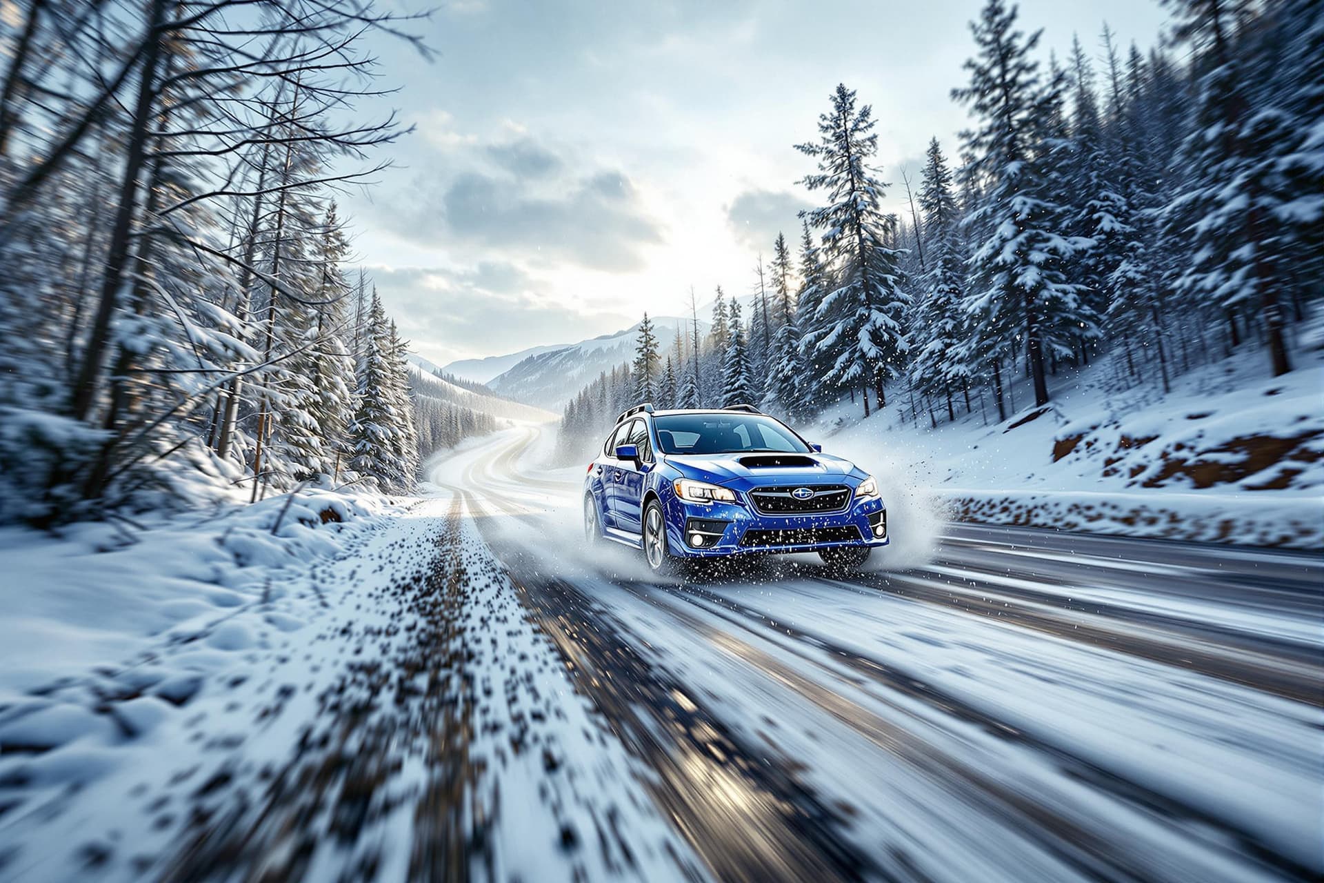 AI generated: A dynamic panoramic image (aspect ratio 3:1) showcasing Subaru's Symmetrical All-Wheel Drive (AWD) s...