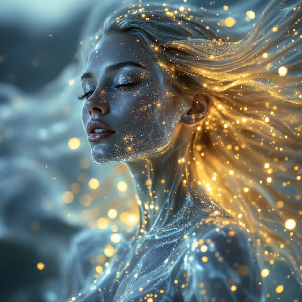 AI generated: A photorealistic 4K image of a woman with transparent, crystal-like skin, glowing from within with a...