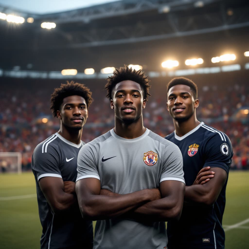 AI generated: Three young student professional football players with dark skins standing vibrantly in a football s...