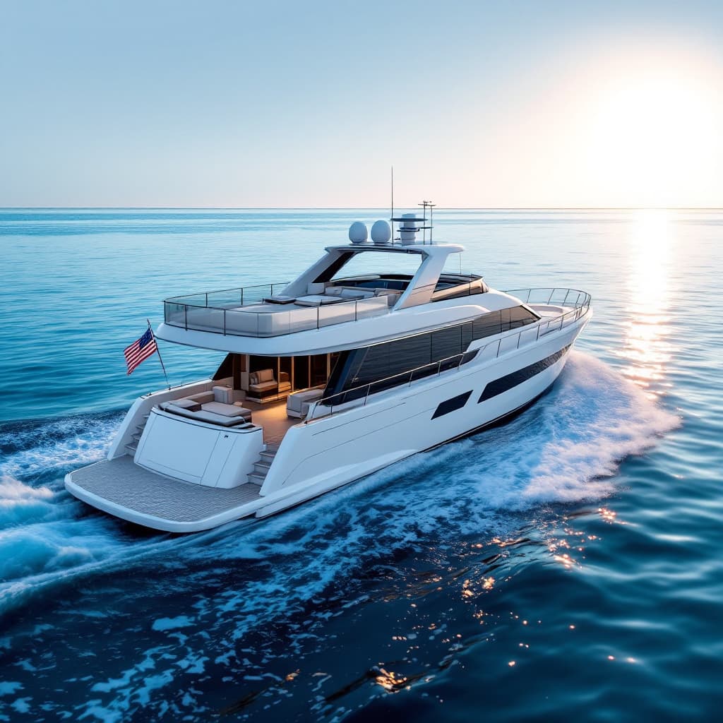 AI generated: Create a high-resolution photo of a 76' 2005 Lazzara Enclosed Flybridge yacht. The yacht should be s...