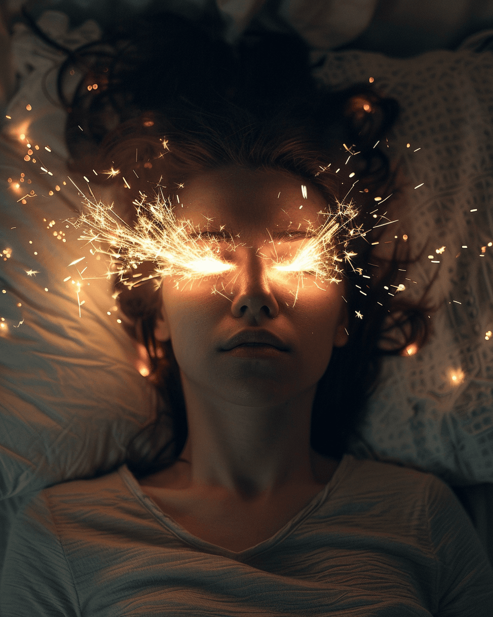AI generated: a photo of woman laying in bed with her head on the pillow, fire is shooting out from between his ey...