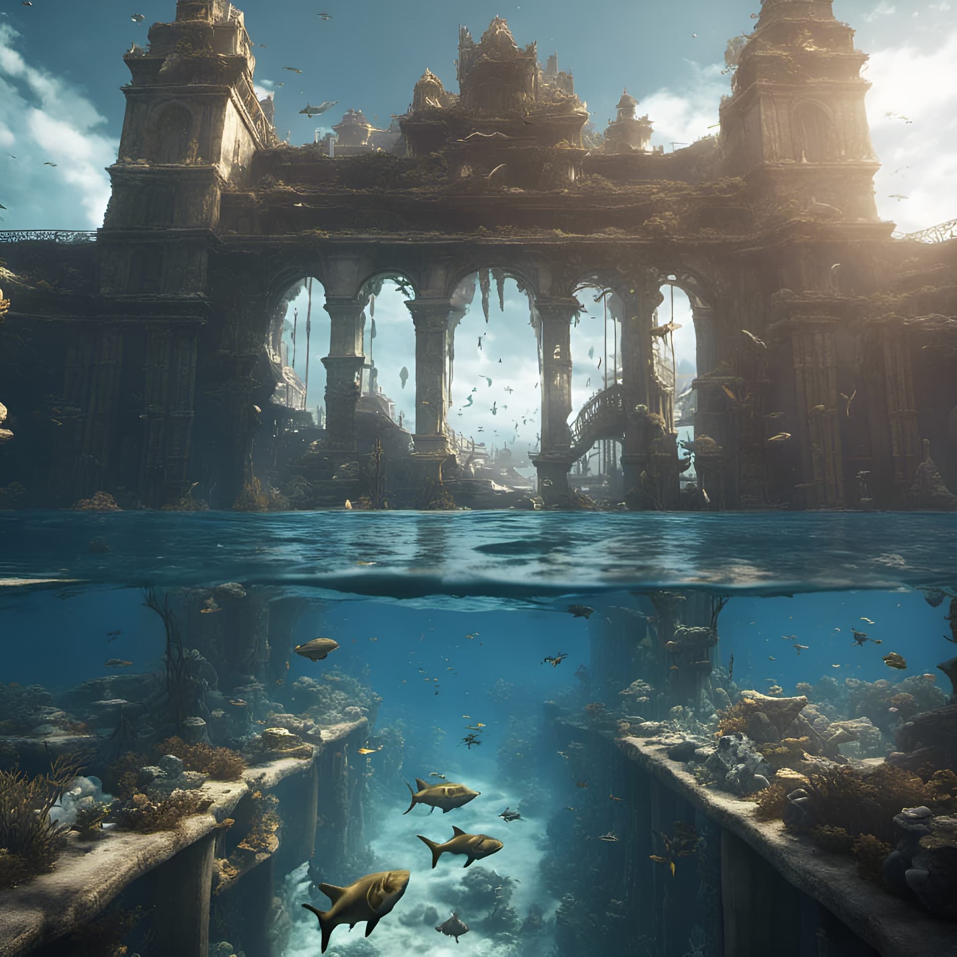 AI generated: lost city of Atlantis, chaotic ocean, detailed, octane render, tall architectures, sharks + sealife,...