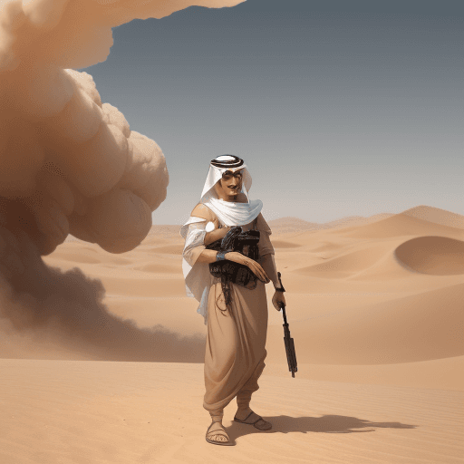 AI generated: An Arab, in the style of Beautiful desert compositions, Dusty explosions --ar 24:37 --stylize 750 --...