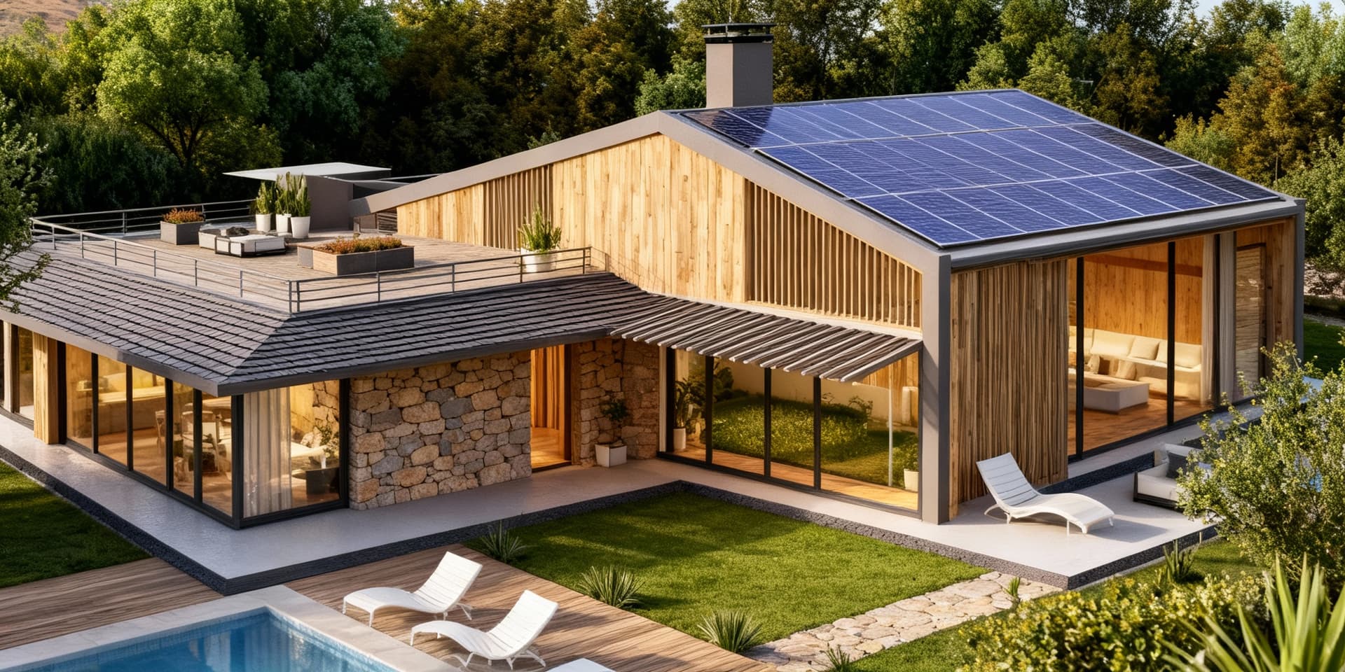 AI generated: Generate a modern bioclimatic house in a temperate-Andean climate. Include passive design strategies...