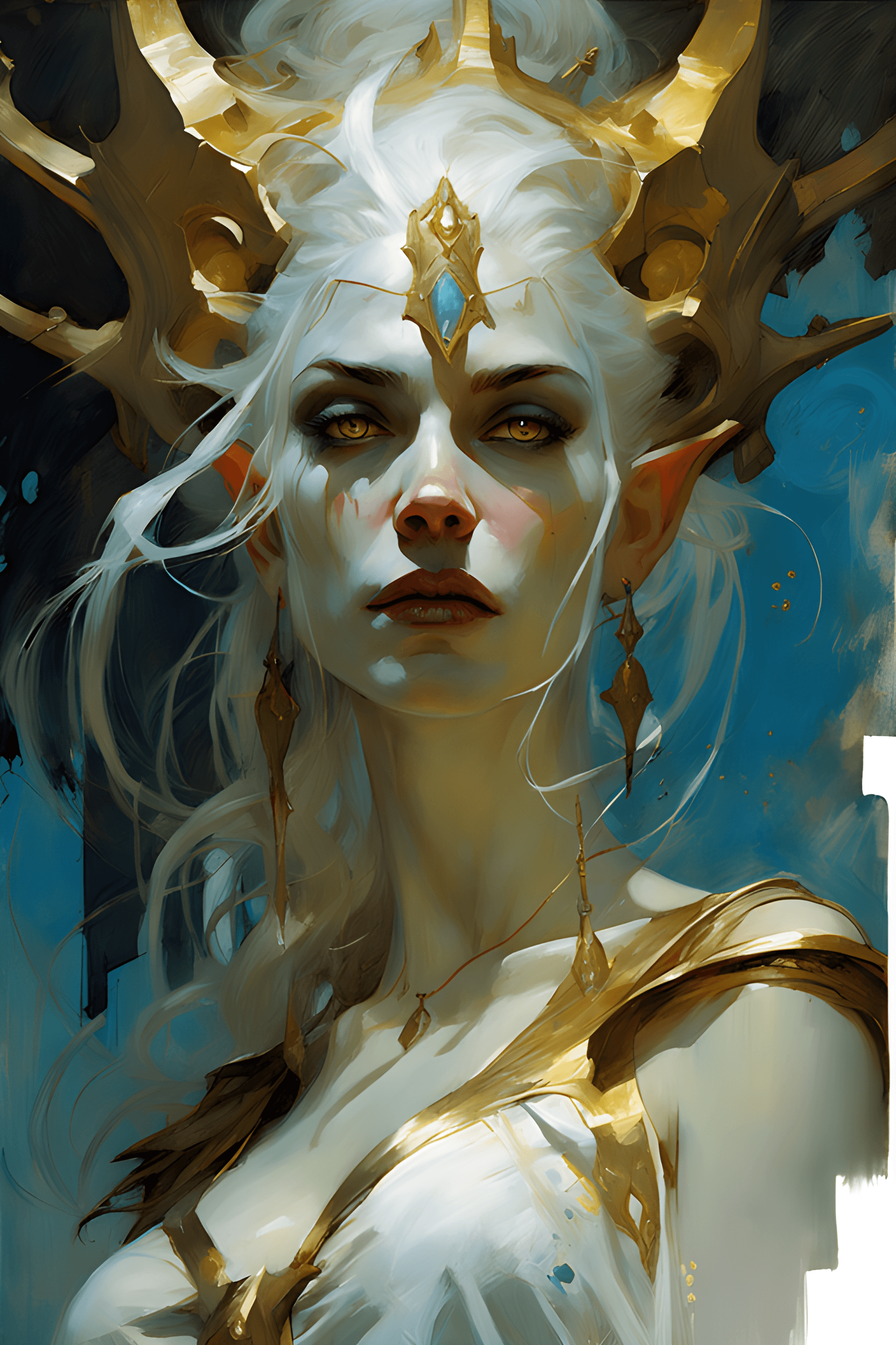 AI generated: 3000 paradise, portrait of queen Azshara, pale white skin and hair, golden eyes, art by Jeremy Mann,...