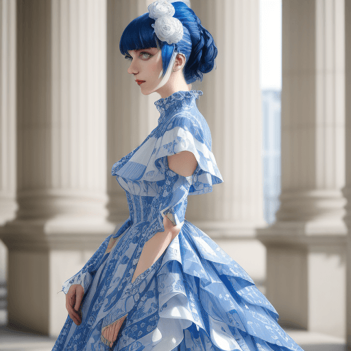 AI generated:  woman dressed in a dress with blue and white prints, in the style of delicate details, oshare kei, ...