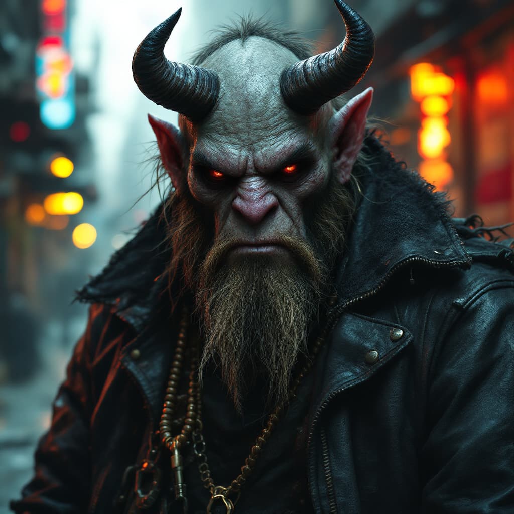 AI generated: photo of a ogre with horns, biker club member, biker cloth, cyberpunk slums background