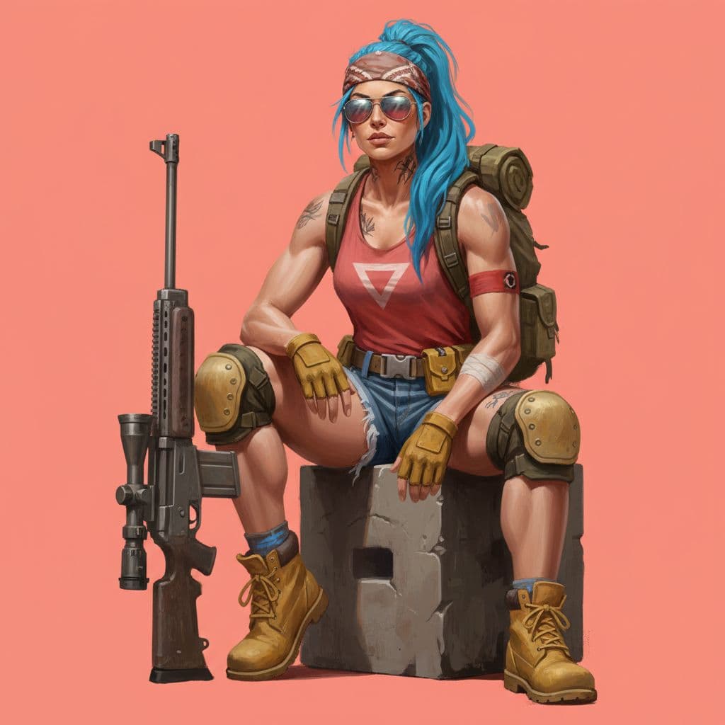 AI generated: full body shot of a confident, athletic woman sitting casually on a concrete block  near her. The ba...