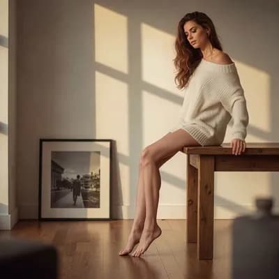 AI generated video: The woman lies on the table on her back, holding her feet up and wiggling her toes.