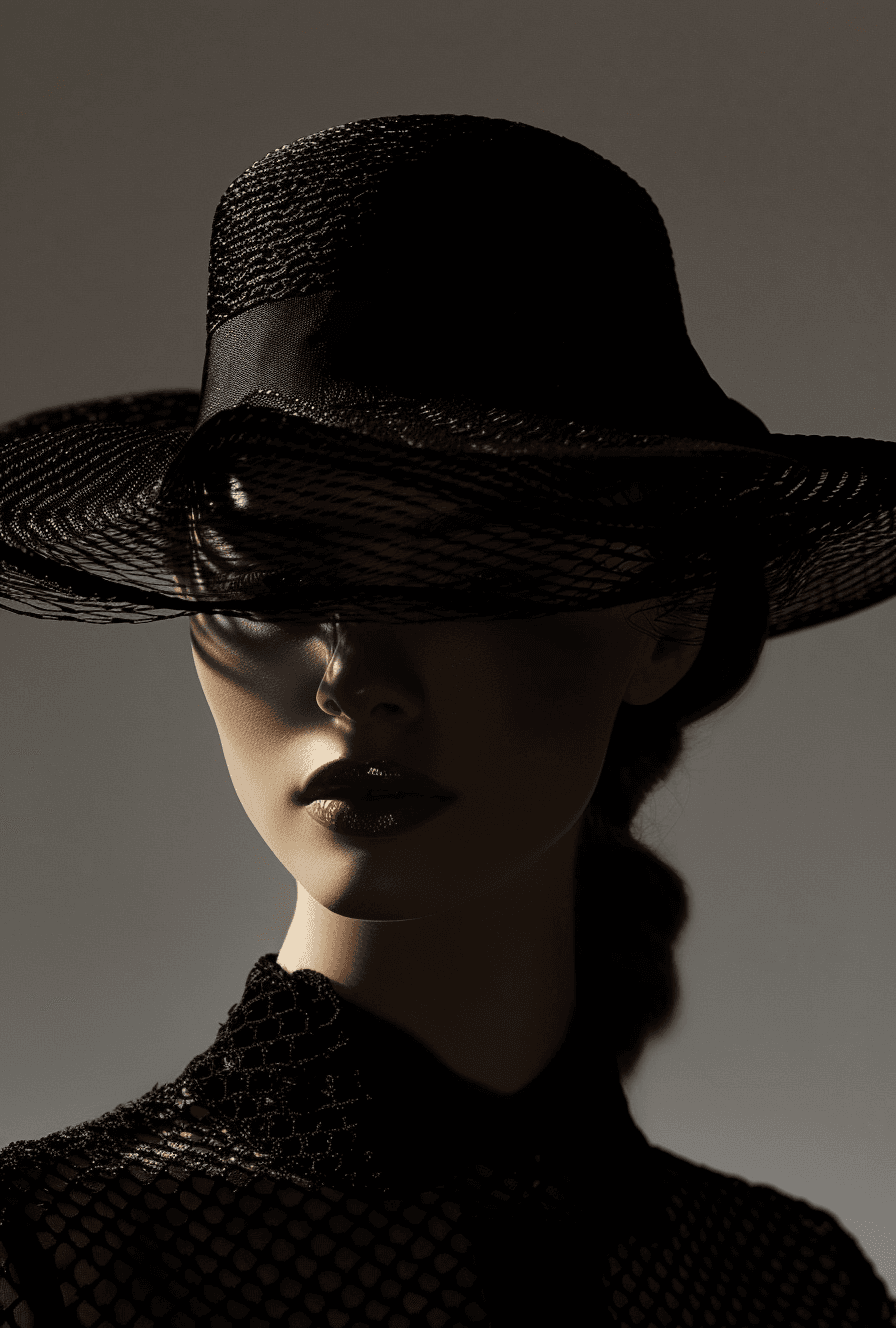 AI generated: a woman in a black hat, in the style of patrick demarchelier, silhouette figures, light & shadow, ka...