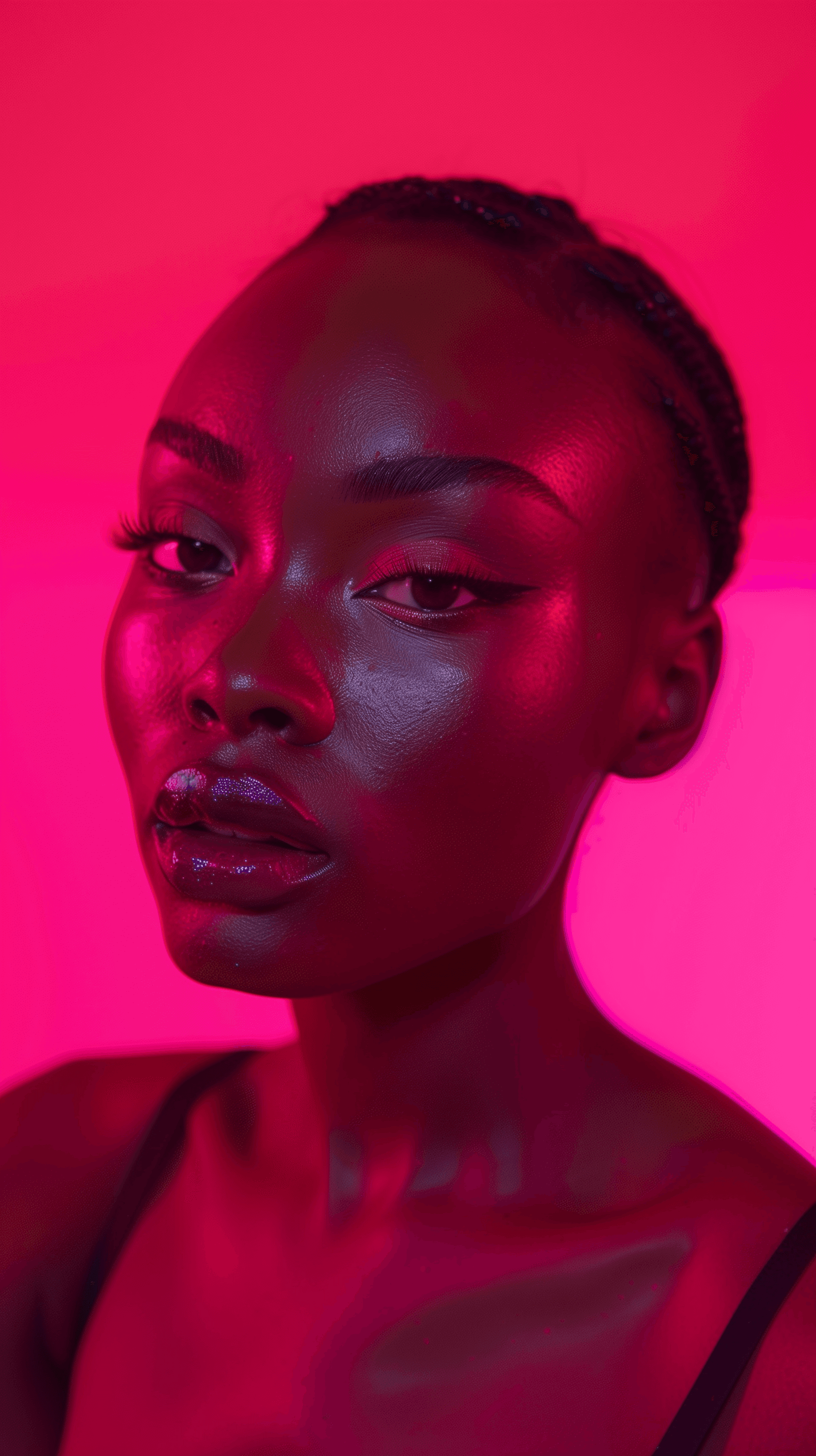 AI generated: photography, hot pink hue, black woman model, solid pink backdrop, stylish eyes detailing, using a c...