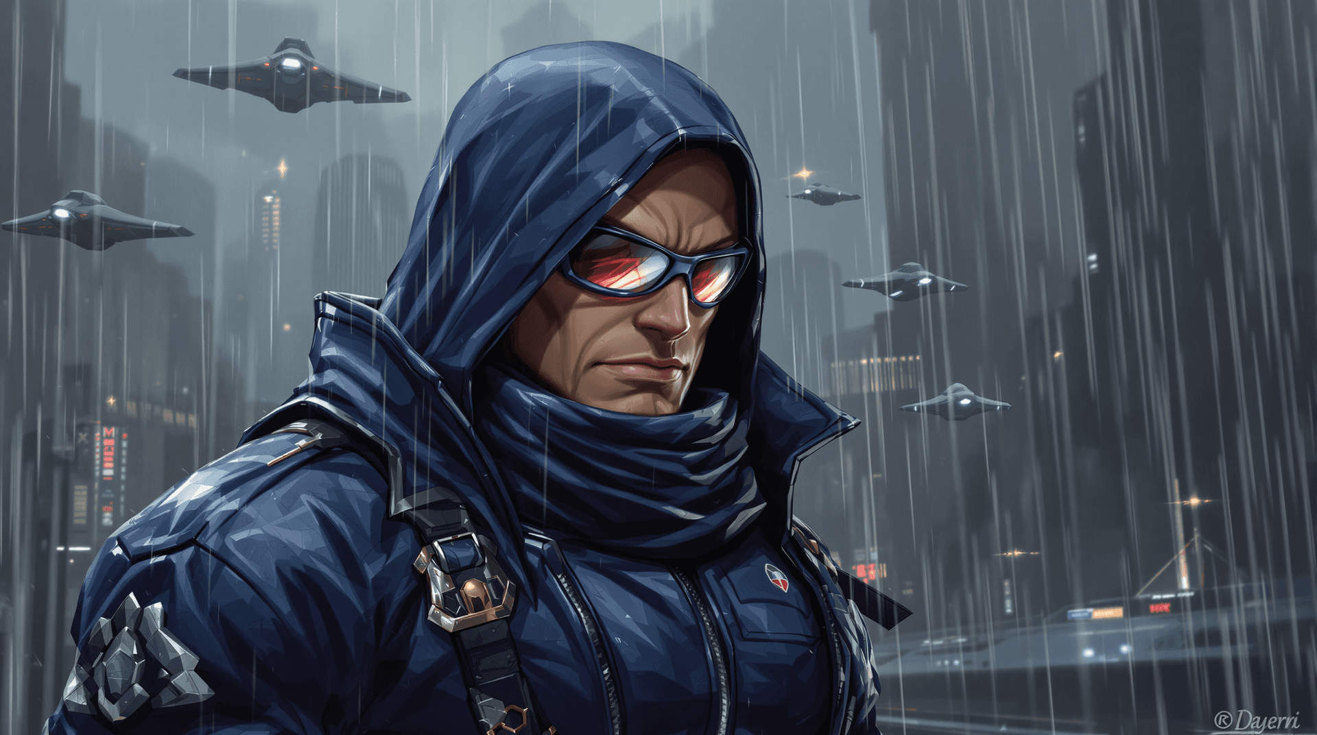 AI generated: Muscular Futuristic Humanoid Assasin from space wearing dark blue leather jacket, scarf,comic art st...