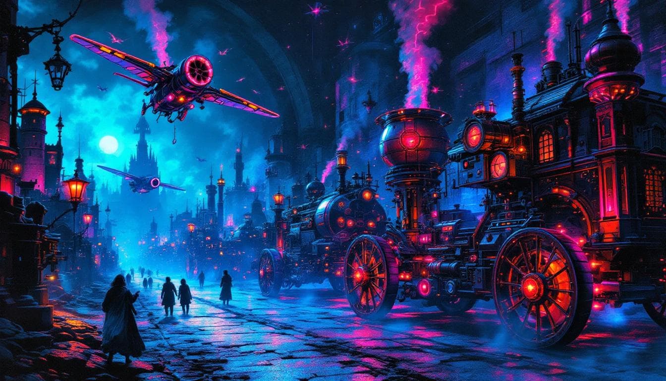 AI generated: Medieval scene, neon black light graphic pop poster art design featuring  a detailed illustration of...