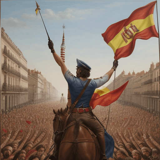 AI generated: Painting of: "freedom leading the people", but with a Spanish flag instead of a French one