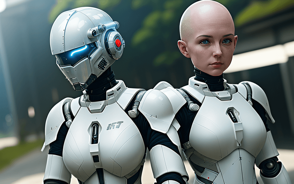 AI generated: white sci-fi female armor with cybernetic helmet, full armor, insulated armor, spacesuit, bald head,...