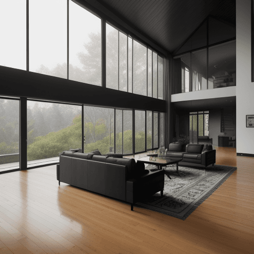 AI generated: 

interior view, house in the nature, big windows, modern architecture, modern style ::100 , black i...