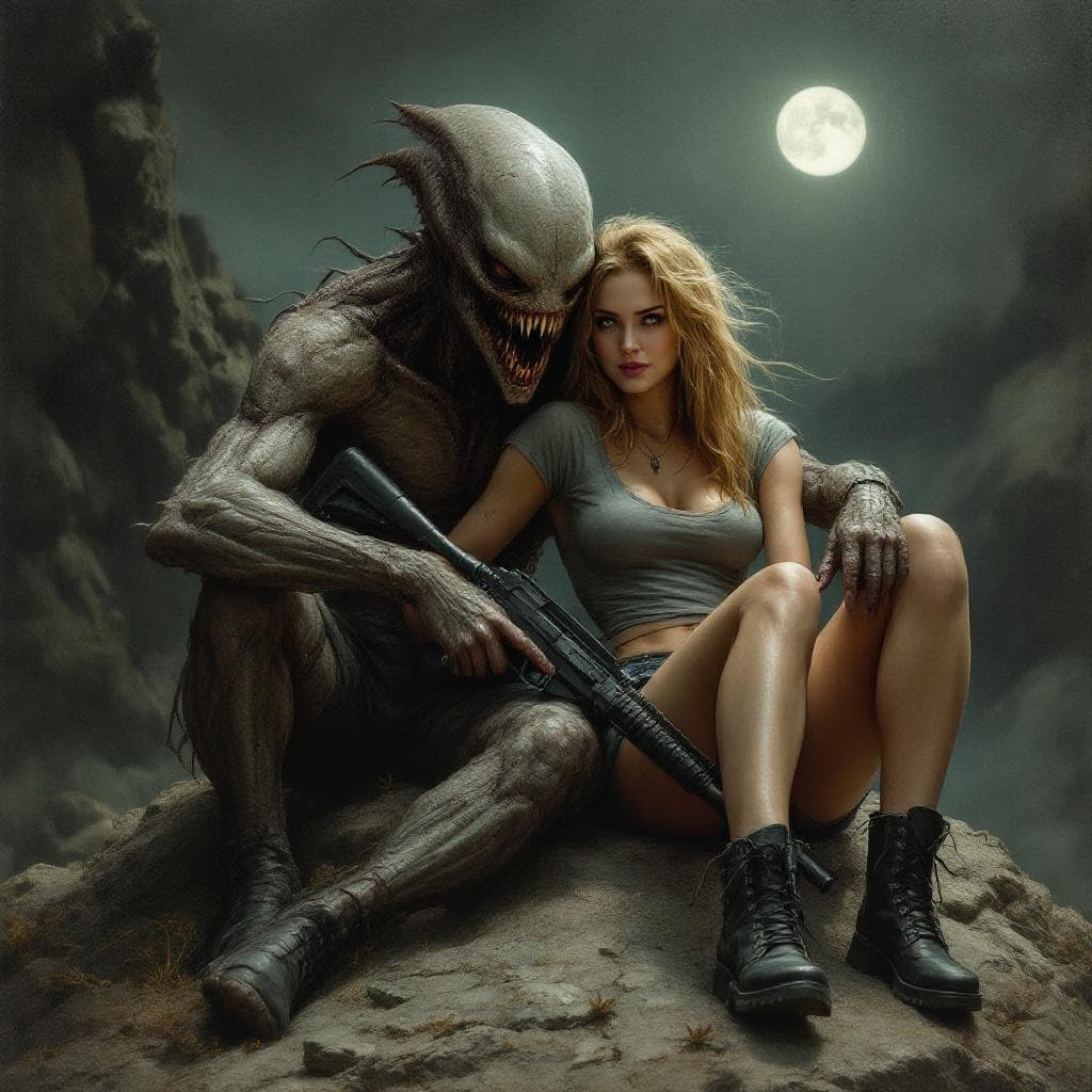 AI generated: A creepy,dark,slavering, eerie, alien creature with bared,sharp teeth sits next to a woman casually ...