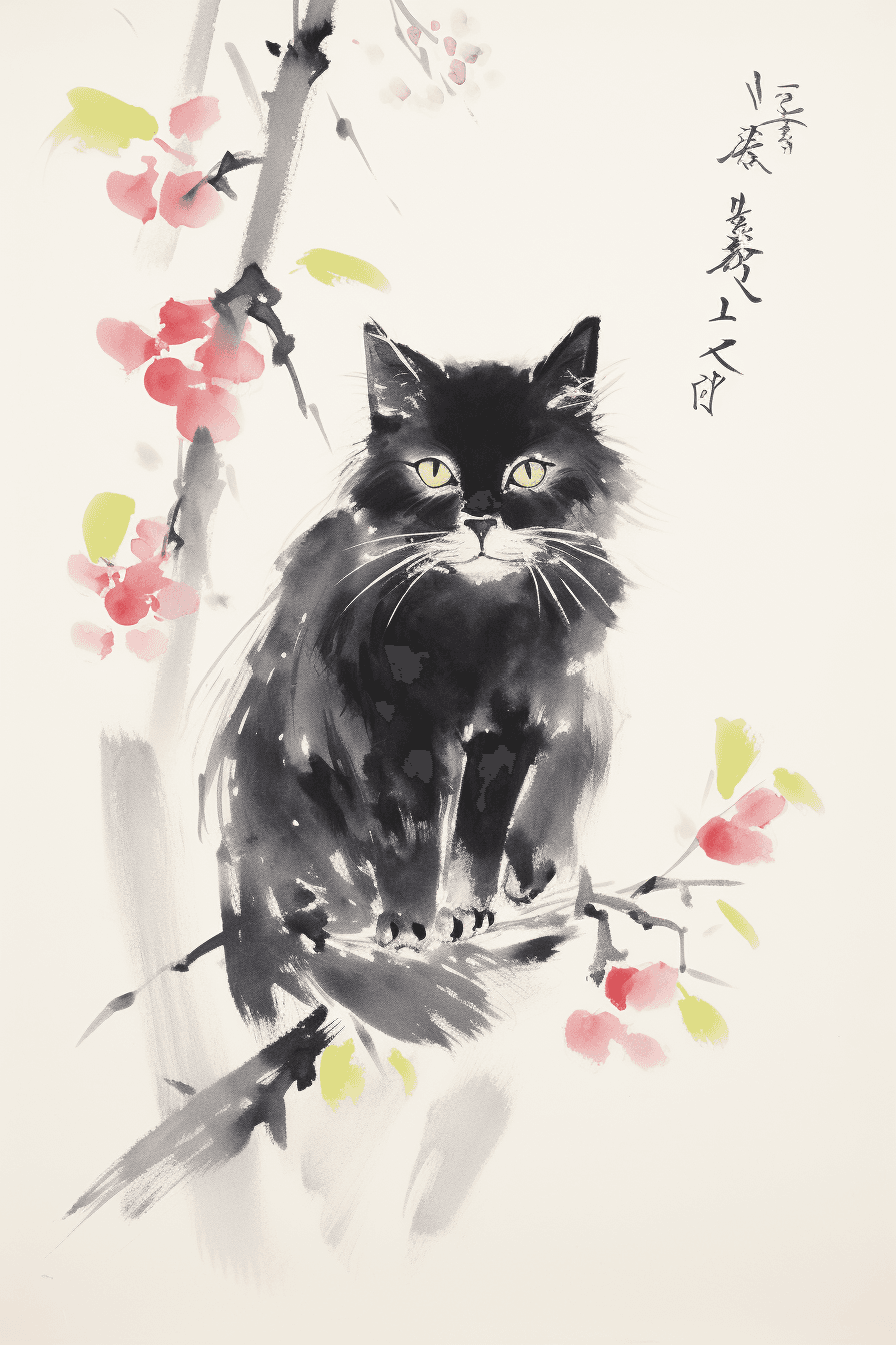 AI generated: Picture a cat portrayed with the artistic essence of Qi Baishi's renowned brushwork. The cat's form ...
