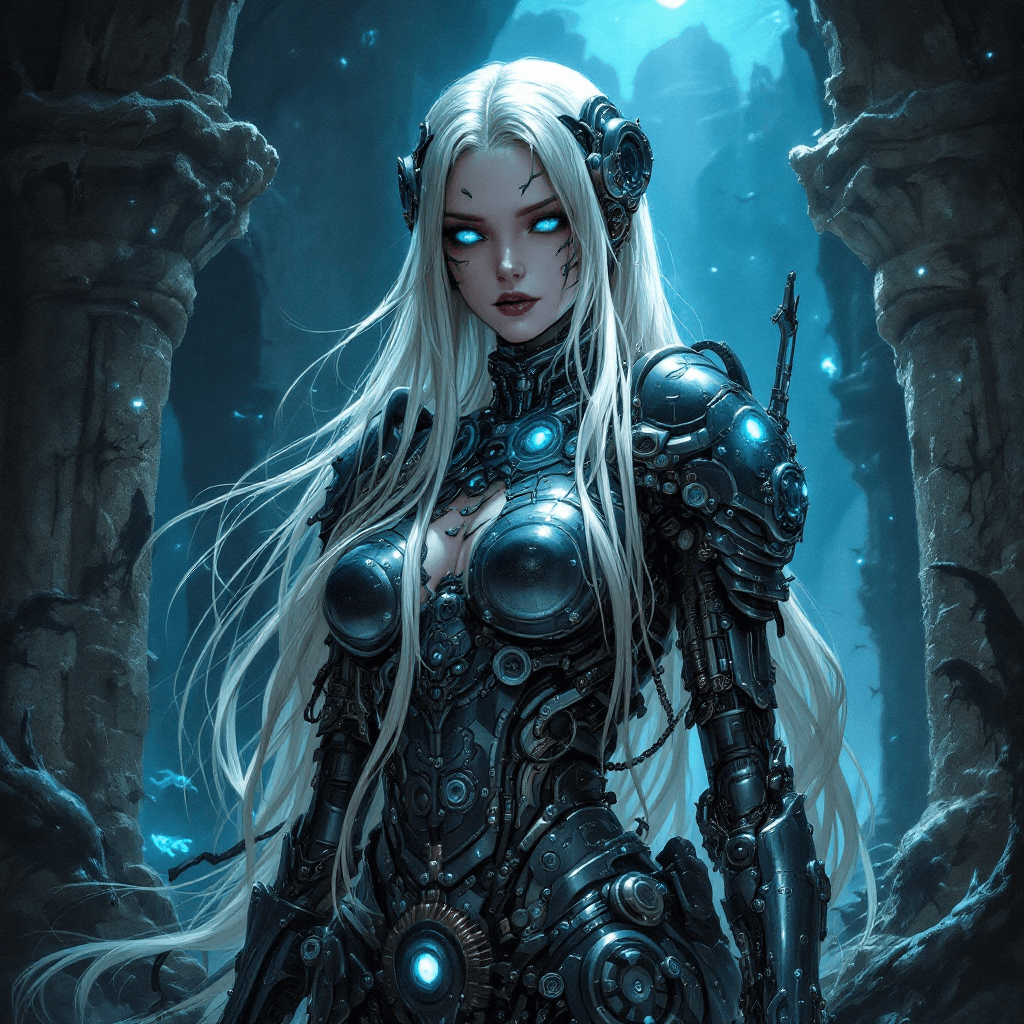 AI generated: 20. The Abyssal Automaton Queen: A powerful and mysterious warrior with long, platinum blonde hair, ...