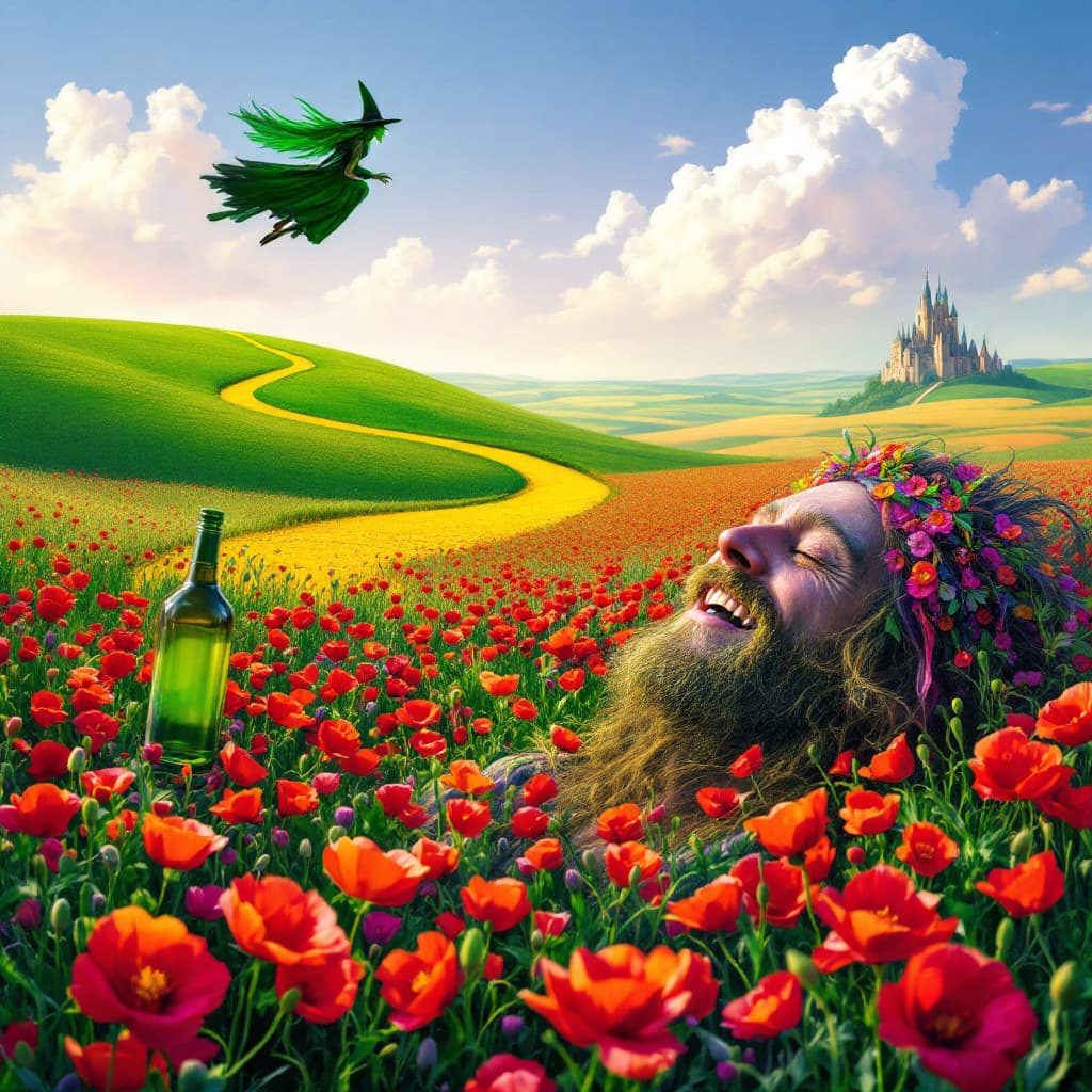 AI generated: a totally wasted  hippie with a dopey grin partly closed eyes is  in a field of poppies laying prone...