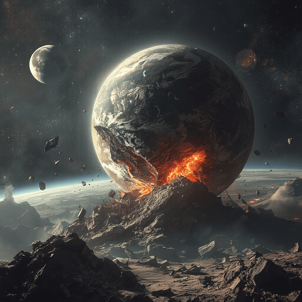 AI generated: A world crashing into another, debris, space, galaxies in background, moon, crumbling planet, apocal...