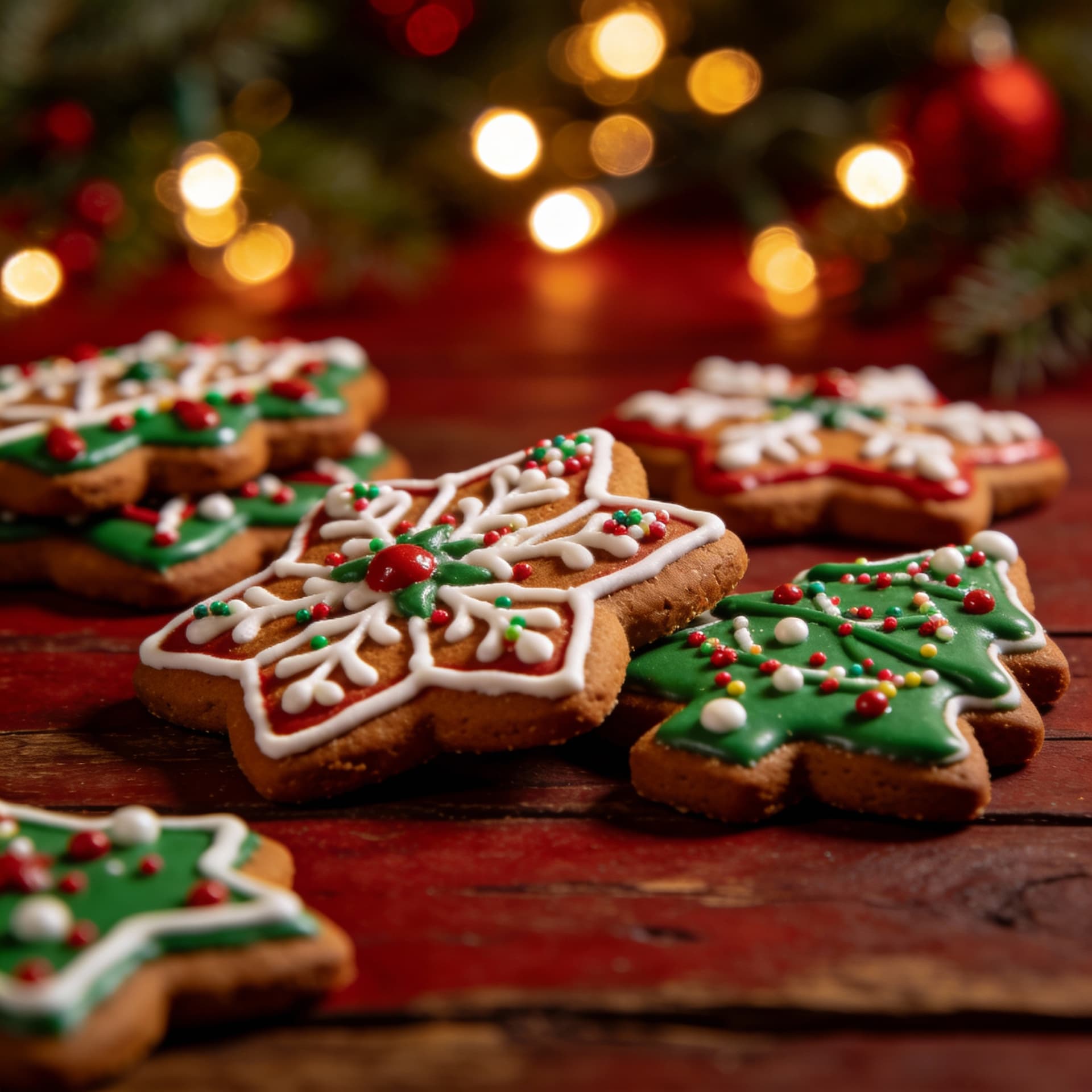 AI generated: charming photograph of tasty lavishly decorated gingerbread cookies on a christmas table, deep color...