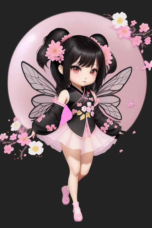 AI generated: ((chibi)), 1 cute girl,full-body,solo dancing,black hair, pink HanFu with flowers embroidered patter...