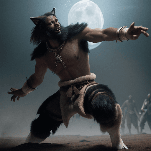 AI generated: Black man wearing wolf pelt fights off slavers in 1584 with glowing magic, hyper-realism, high detai...
