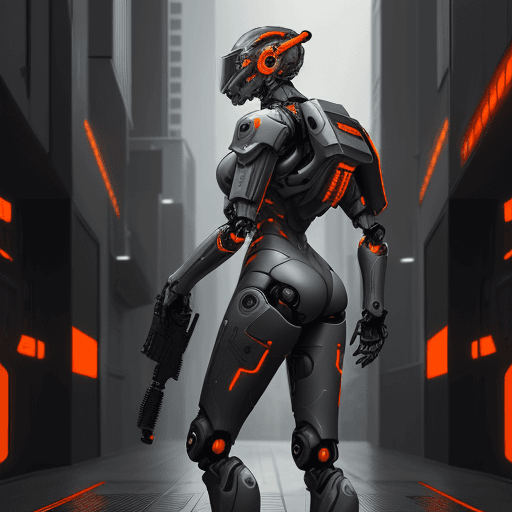 AI generated: full body shot, from side a male robotic, wear dark grey and orange tactical cyber mechanical armor,...