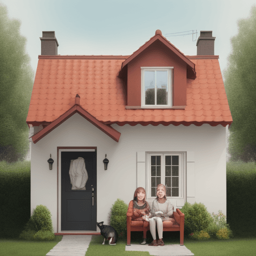 AI generated: house with person in front with a dog and a cat next to them