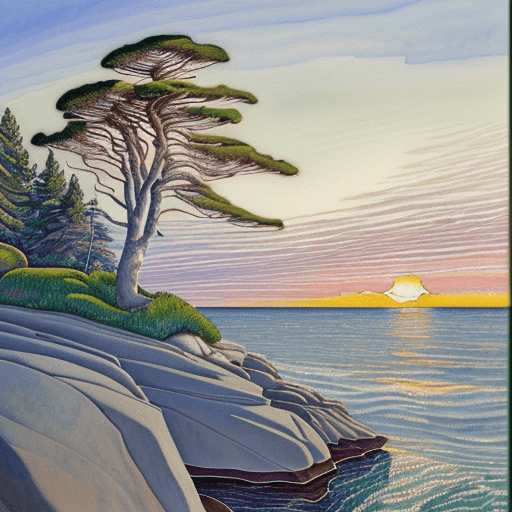 AI generated: a painting of a tree sitting on top of a rock, a watercolor painting, inspired by Arthur Lismer, cg ...
