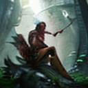 AI generated: a woman sitting on a rock next to a dragon in the woods with her head turned to the side, Clint Cear...