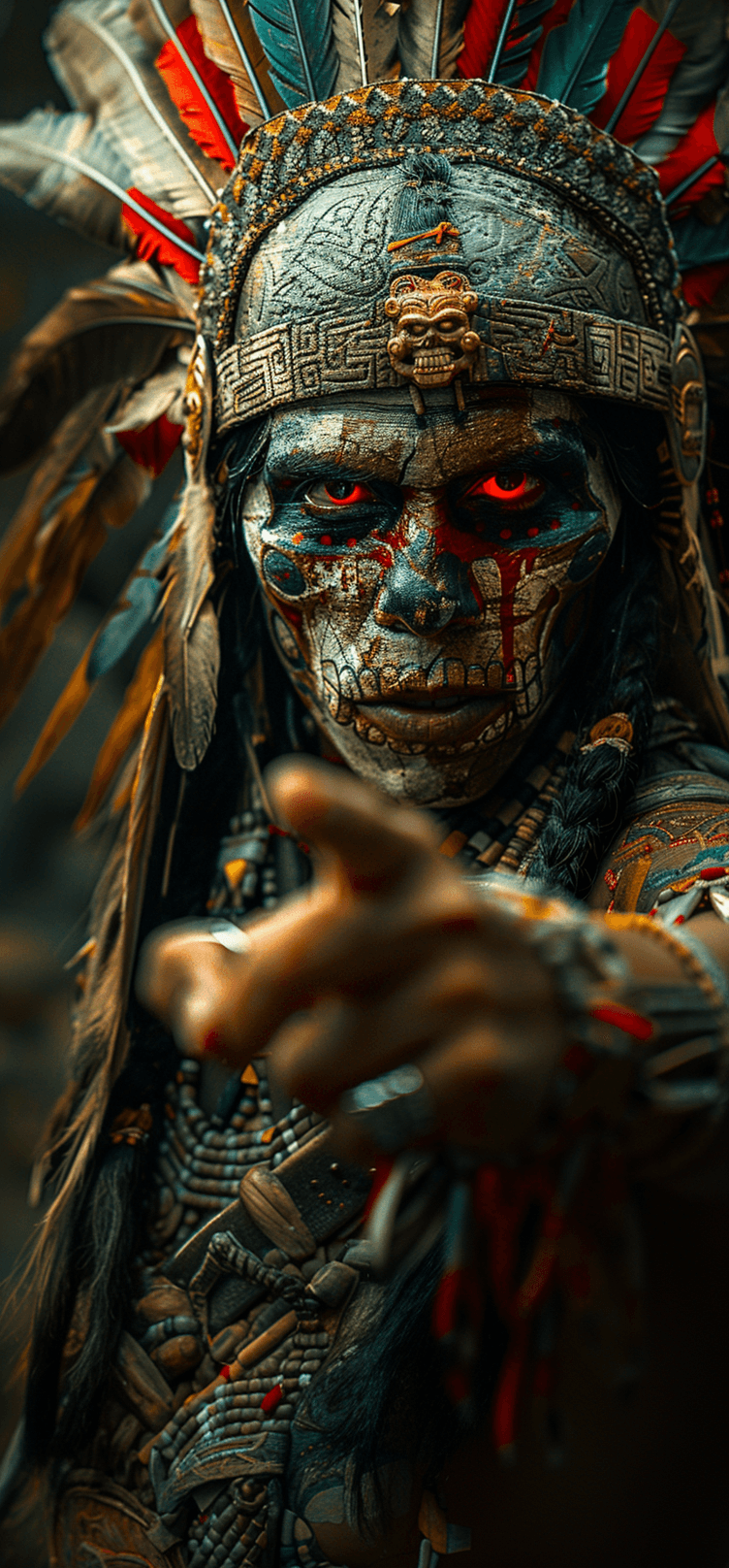 AI generated: A photorealistic digital illustration of an Aztec god with skull face, pointing at viewer and lookin...