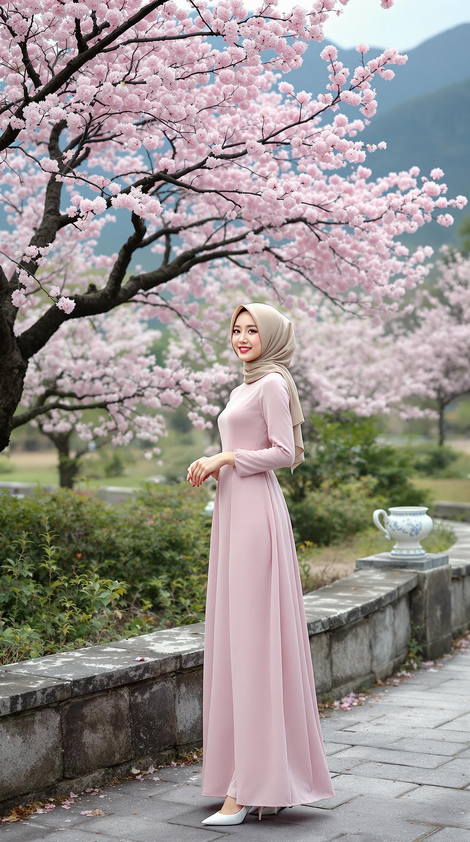 AI generated: a girl, Korean woman, korean ulzzang face, in a dress clothes, wear a hijab and beautiful long dress...