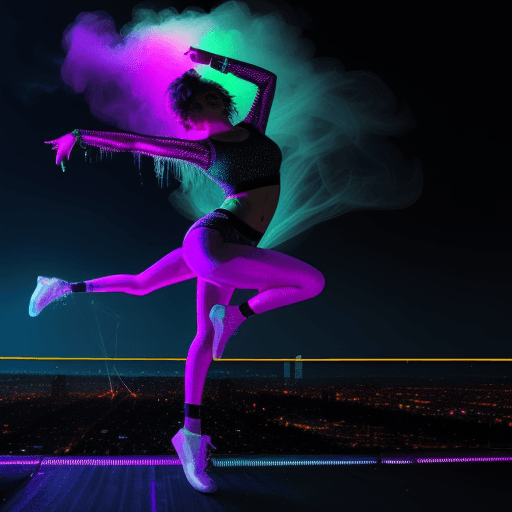 AI generated: A urban dancer on a disco, lights, urban, people, details of smoke and lasers, neon, city, hip hop