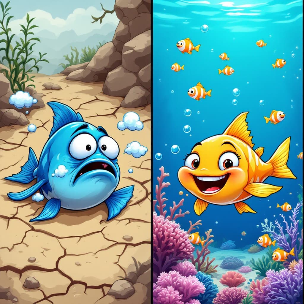 AI generated: "Split image with a playful, animated vibe: On the left, a cartoon-style fish flopping and gasping o...