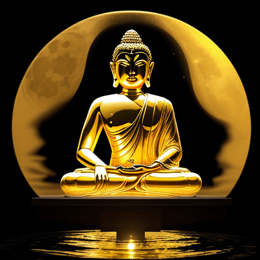 AI generated: beautiful golden image of buddha sitting in water with bright full moon hanging in the sky, in the s...