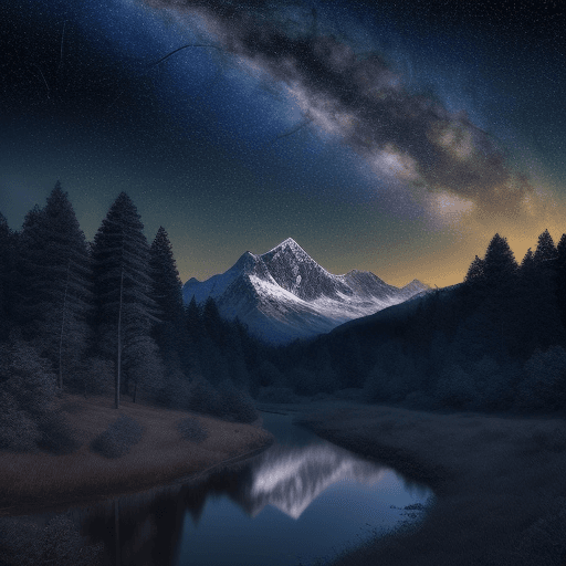 AI generated: Photo realistic 4k photo of a mountain and forest scenery. The time of day is night. The sky is dark...