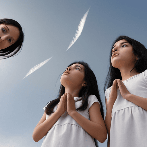 AI generated: take a picture of 3 sisters, a black hair, a blonde and a brunette, looking up to the sky, to anothe...