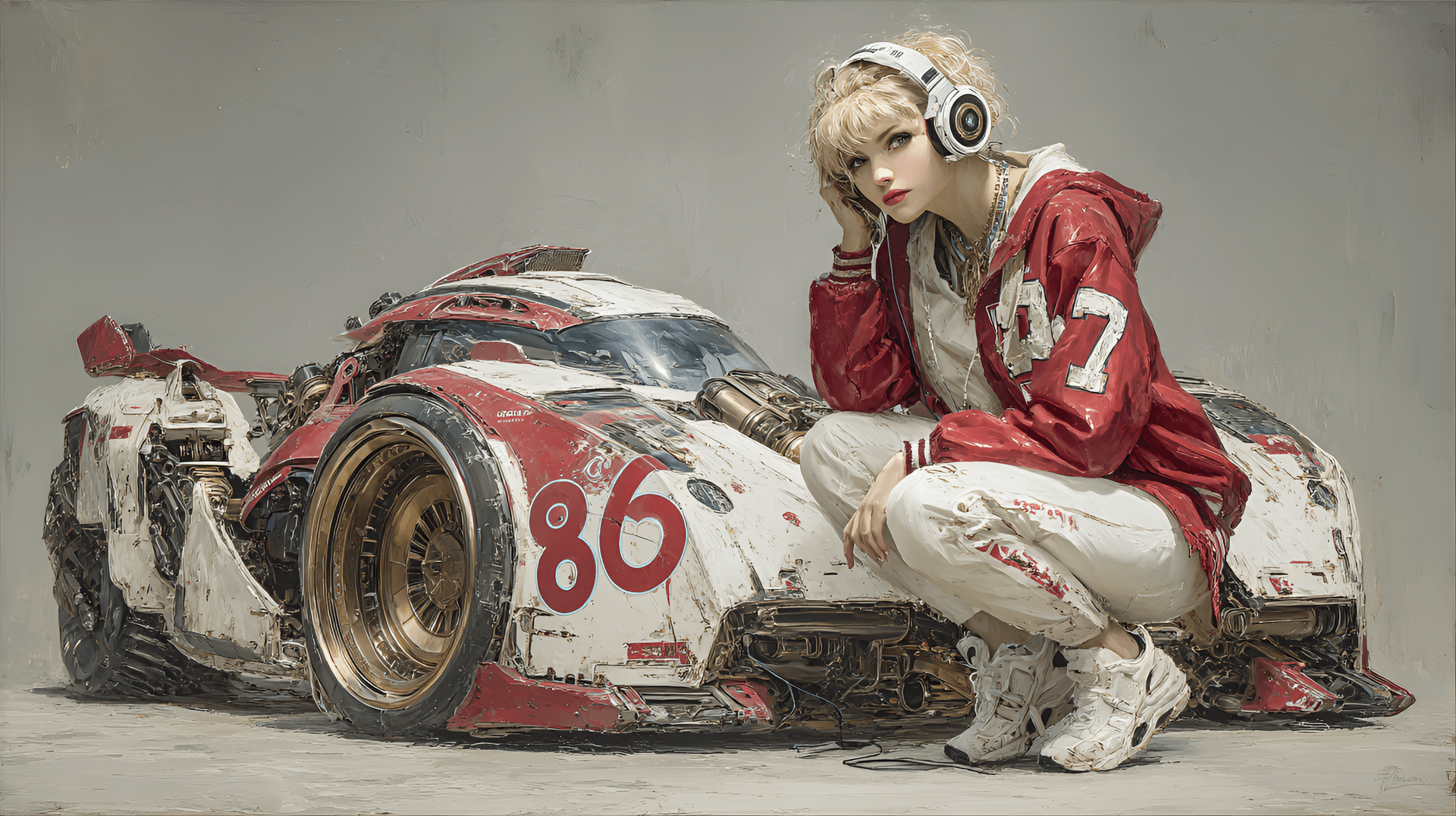 AI generated: woman is crouched next to a large, red and white robot that resembles a vintage-style sports car