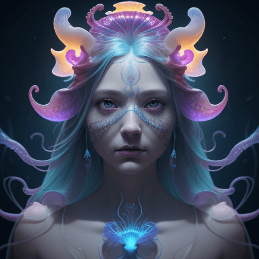 AI generated: Goddess close-up portrait ribcagel. jellyfish phoenix head, nautilus, orchid, skull, betta fish, bio...